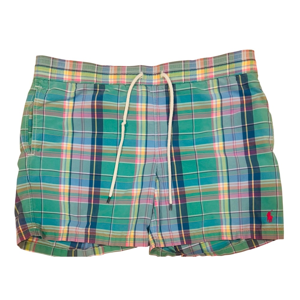 Polo Ralph Lauren Swim Trunks Madras Plaid Green Multi Mens Medium 5.5 Inseam